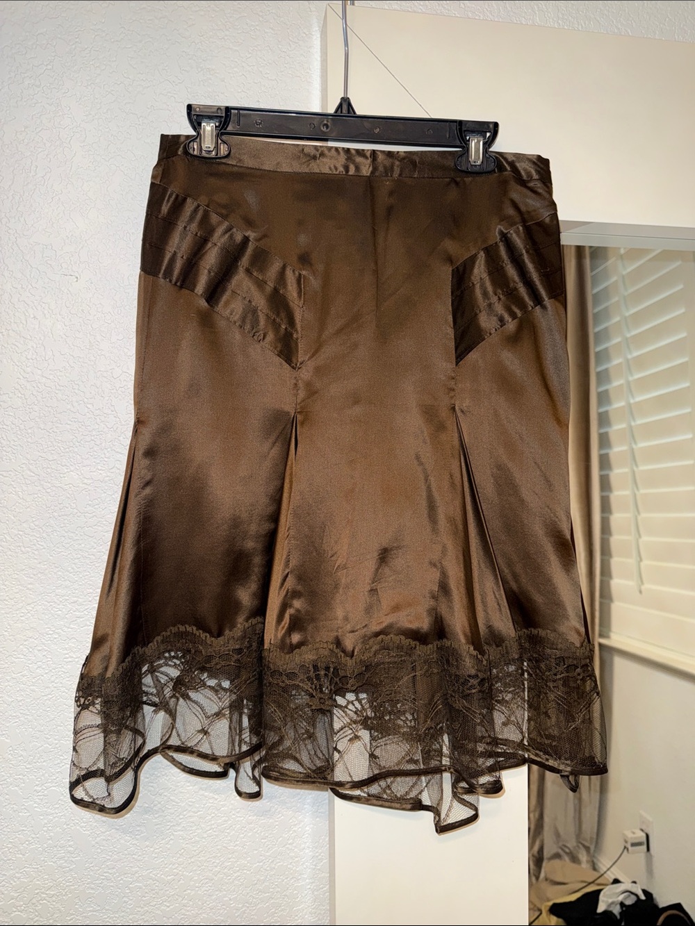 Guess Brown Satin Lace-Trim Circle Skirt